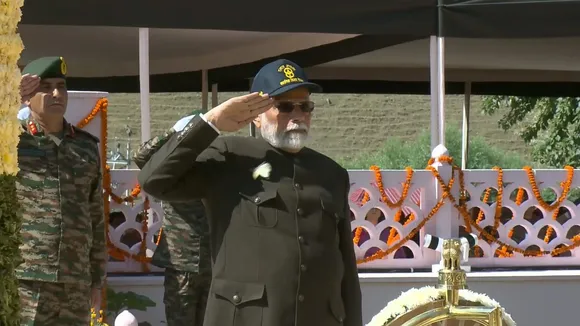 Prime Minister Narendra Modi pays homage at the Kargil War Memorial on the occasion of the 25th anniversary of the Kargil Vijay Diwas, in Drass, Friday, July 26, 2024.