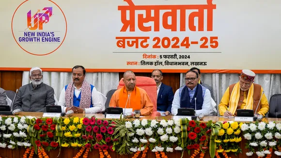 Uttar Pradesh Chief Minister Yogi Adityanath at a press conference after presentation of the state Budget for 2024--2025, at Tilak Hall Vidhan Bhawan in Lucknow