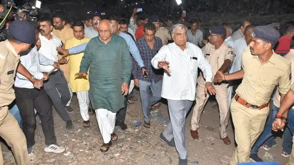 Gujarat Chief Minister Bhupendra Patel arrives at the site to take stock of the situation after an old suspension bridge over the Machchhu river collapsed in Morbi