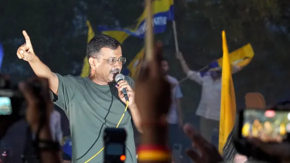 Delhi Chief Minister Arvind Kejriwal addresses supporters outside Tihar Jail after the Supreme Court (SC) granted him interim bail in a money laundering case, amid the ongoing Lok Sabha elections, in New Delhi, Friday, May 10, 2024.