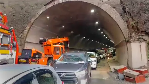 Vehicles stuck on Jammu-Srinagar National Highway after it got blocked due to landslides following rainfall, in Jammu & Kashmir