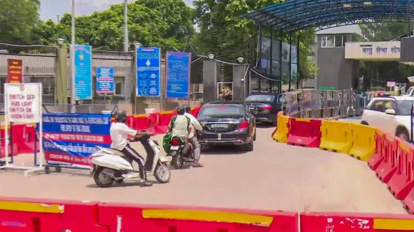 Barricades put up outside the Hindon air base where Bangladesh PM Sheikh Hasina landed Monday after fleeing her country amid massive protests, in Hindon, Tuesday, Aug. 6, 2024.