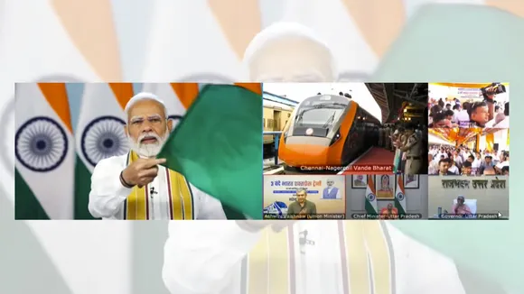 Prime Minister Narendra Modi flags off three Vande Bharat trains between Meerut and Lucknow, Madurai and Bengaluru, and Chennai and Nagercoil, via video conferencing, Saturday, Aug 31, 2024