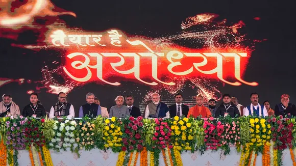 Narendra Modi with Uttar Pradesh Governor Anandiben Patel, Chief Minister Yogi Adityanath and others during a public meeting, in Ayodhya, Saturday, Dec. 30, 2023
