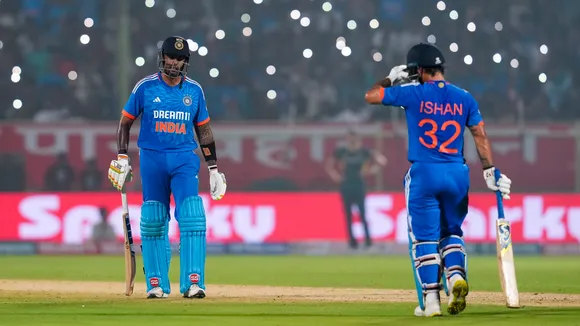 India's captain Suryakumar Yadav and Ishan Kishan during the first T20 International cricket match of a T20I series between India and Australia