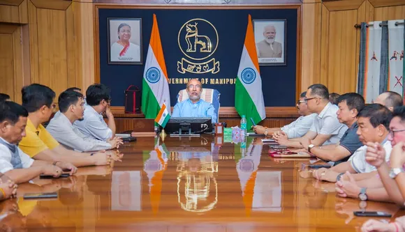 Manipur Chief Minister N Biren Singh chairs a meeting with State Ministers and MLAs to discuss security matters in view of ongoing violence in Manipur, in Imphal