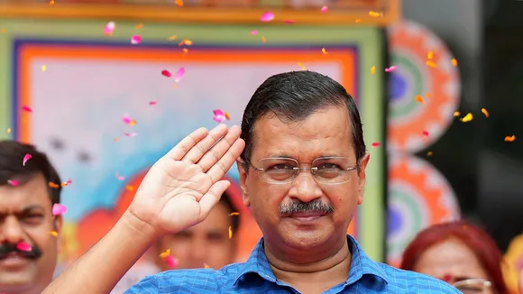 Delhi Chief Minister Arvind Kejriwal salutes during the 77th Independence Day function at the Chhatrasal Stadium, in New Delhi