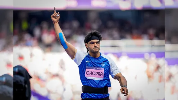 India's Neeraj Chopra during the Men's javelin throw qualification round at the 2024 Summer Olympics, in Paris, France, Tuesday, Aug. 6, 2024.