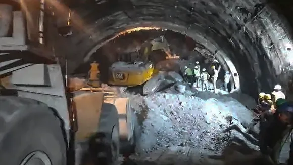 Rescue and relief operations underway after a portion of a tunnel under construction between Silkyara and Dandalgaon on the Brahmakhal-Yamunotri national highway collapsed, in Uttarkashi district