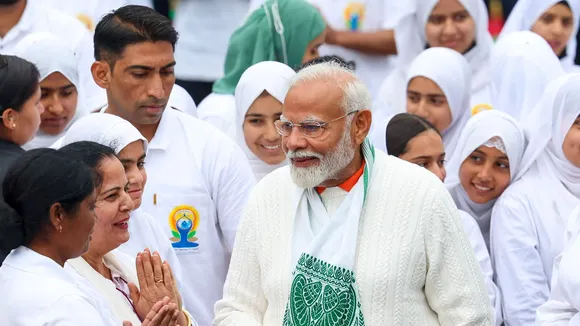Prime Minister Narendra Modi interacts with people during celebration on the 10th International Day of Yoga, in Srinagar, Friday, June 21, 2024.