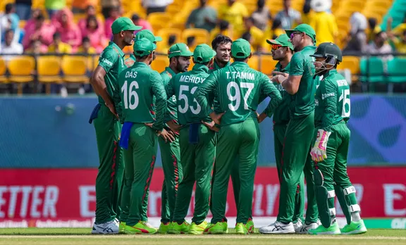Bangladesh team celebrates the wicket of Afghanistan's Ibrahim Zadran during an ICC Men’s World Cup 2023 match, at HPCA Stadium, in Dharamshala