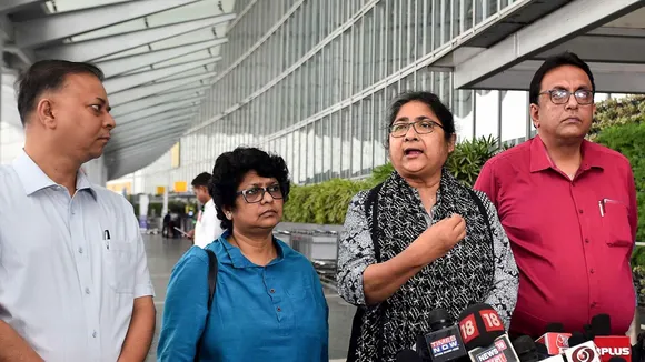 TMC leaders Dola Sen, Vivek Gupta and others address media at NSCBI Airport before leaving for Delhi ahead of a meeting with Election Commission of India, in Kolkata, Monday, April 8, 2024