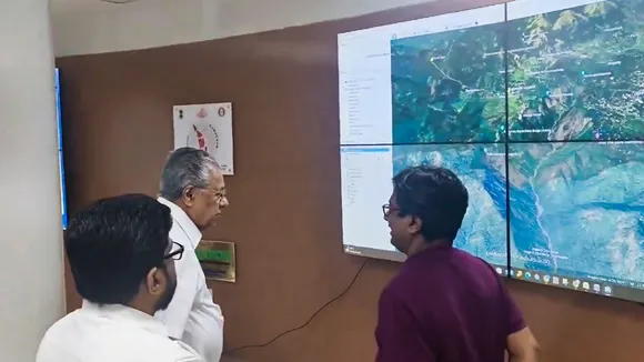 Kerala Chief Minister Pinarayi Vijayan evaluates the ongoing relief and rescue operations at SDM office in Chooralmala, following landslides in the hilly areas, in Wayanad district, Kerala, Tuesday, July 30, 2024.