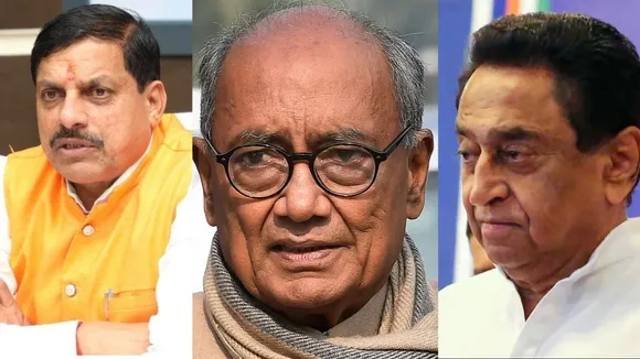 Madhya Pradesh Chief Minister Mohan Yadav, senior Congress leaders Digvijaya Singh and Kamal Nath
