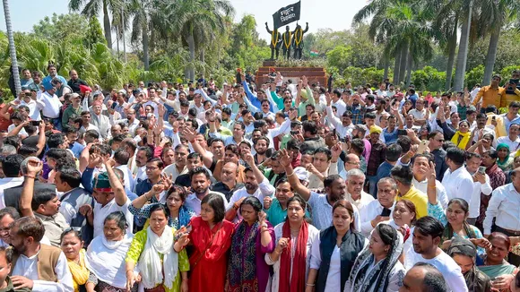 AAP workers and supporters at Shaheedi Park during a protest over the arrest of Delhi Chief Minister Arvind Kejriwal in connection with an excise policy-linked money-laundering case, in New Delhi, Saturday, March 23, 2024.