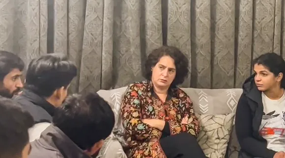 Priyanka Gandhi Vadra meets wrestlers Sakshi Malik, Bajrang Punia and others in New Delhi on Friday, December 22, 2023