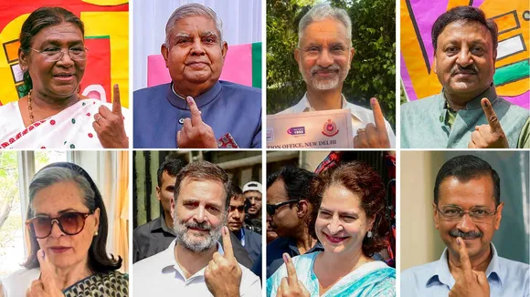 In this combo photo, dignitaries and political party leaders are seen after casting their votes in sixth phase of Lok Sabha elections