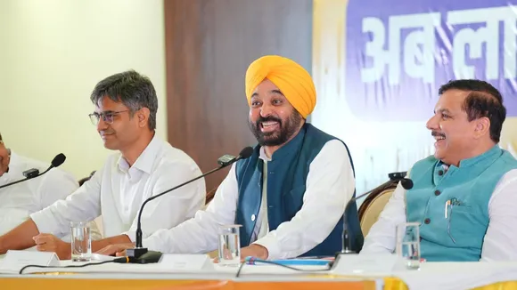 Punjab Chief Minister Bhagwant Mann along with AAP leaders Sanjay Singh and Sandeep Pathak addresses a press conference, in Chandigarh.