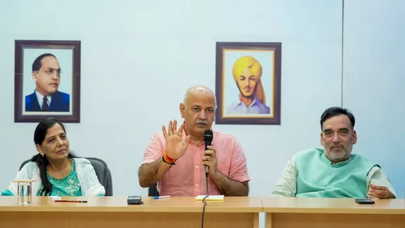 Senior AAP leader Manish Sisodia with party leader Gopal Rai and Sunita Kejriwal, in New Delhi, Monday, Aug. 12, 2024.