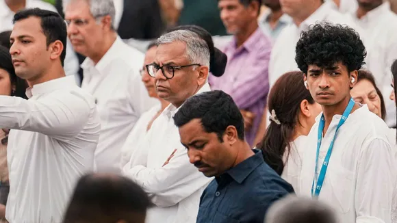 ata Sons Chairman N Chandrasekaran with others while paying homage to business leader Ratan Tata at NCPA lawns, in Mumbai, Thursday, Oct. 10, 2024.