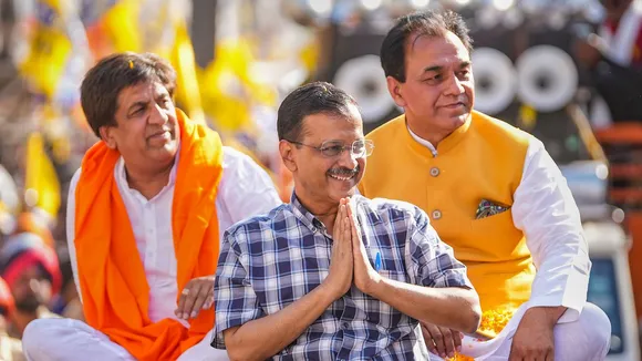 Delhi Chief Minister and AAP convenor Arvind Kejriwal during a roadshow in favour of AAP candidate Rajkumar Chabbewal for Lok Sabha elections, in Hoshiarpur, Sunday, May 26, 2024