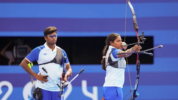 India's Dhiraj Bommadevara and Ankita Bhakat during the mixed team semifinal archery match against Korea's Lim Sihyeon and Kim Woojin, at the 2024 Summer Olympics, in Paris, France, Friday, Aug. 2, 2024.
