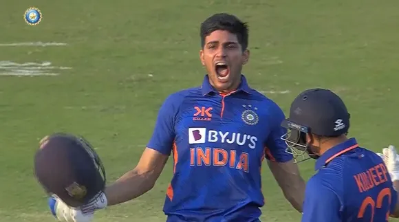 Shubman Gill celebrates after hitting double century in ODI against New Zealand