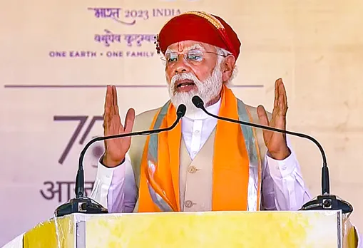 Prime Minister Narendra Modi addresses during a programme to lay foundation stone and dedicate various projects, in Nathdwara