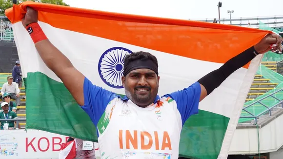 Gold medalist Sachin Sarjerao Khilari of India celebrates after competing in the Men’s Shot Put F46 final during day six of the World Para Athletics Championships Kobe at Kobe Universiade Memorial Stadium on May 22, 2024, in Kobe, Hyogo, Japan