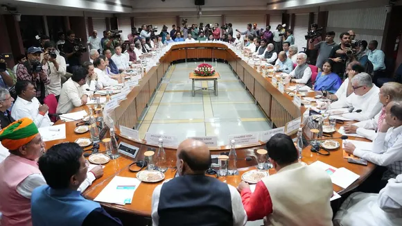 Union Ministers Rajnath Singh, Piyush Goyal, Congress leader Adhir Ranjan Chowdhury and other leaders at the all-party meeting ahead of the special session of Parliament, at Parliament Library building, in New Delhi, Sunday, Sept. 17, 2023.
