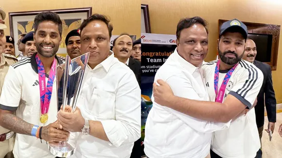 BCCI treasurer Ashish Shelar and Indian cricket team captain Rohit Sharma during celebrations upon the team's arrival at New Delhi airport, Thursday, July 4, 2024.