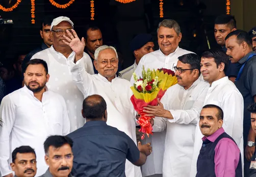 Bihar Chief Minister Nitish Kumar along with Deputy CM Tejashwi Yadav and Tej Pratap arrives on the first day of the Monsoon Session of Assembly, in Patna, Monday