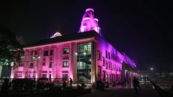 Ayodhya railway station illuminated with colourful lights, in Ayodhya, Wednesday, Dec. 27, 2023. Prime Minister Narendra Modi is scheduled to inaugurate the redeveloped Ayodhya railway station on December 30.