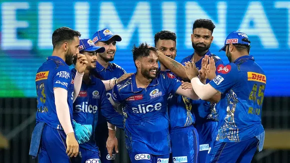 Mumbai Indians players celebrate after beating Lucknow Super Giants at M A Chidambaram Stadium on May 24
