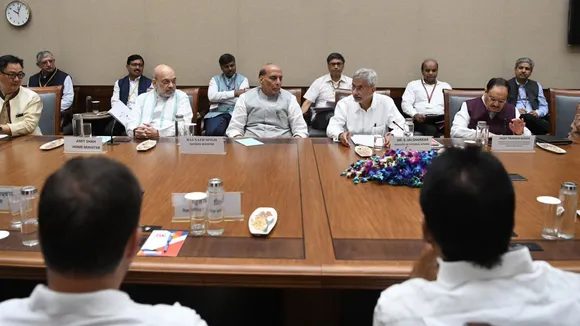 External Affairs Minister S Jaishankar, Defence Minister Rajnath Singh, Home Minister Amit Shah and other leaders during an All-Party meeting about the ongoing developments in Bangladesh, at Parliament in New Delhi.