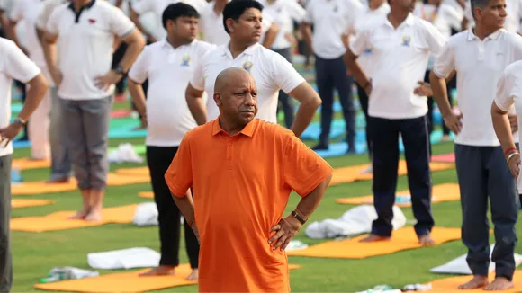 Uttar Pradesh Chief Minister Yogi Adityanath performs yoga at the Raj Bhavan premises on the occasion of the 10th International Day of Yoga, in Lucknow, Friday, June 21, 2024.