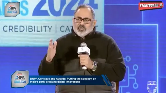 Rajeev Chandrasekhar addresses during the DNPA Conclave & Awards 2024, in New Delhi, Tuesday, Feb. 6, 2024.