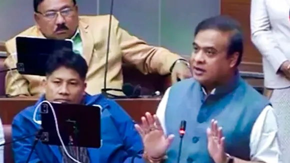 Assam Chief Minister Himanta Biswa Sarma speaks in the Assembly during the Budget session, at the Assam Legislative Assembly, in Dispur