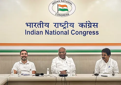 Congress President Mallikarjun Kharge with party leaders Rahul Gandhi and KC Venugopal chairs a meeting with the leaders from Madhya Pradesh, in New Delhi