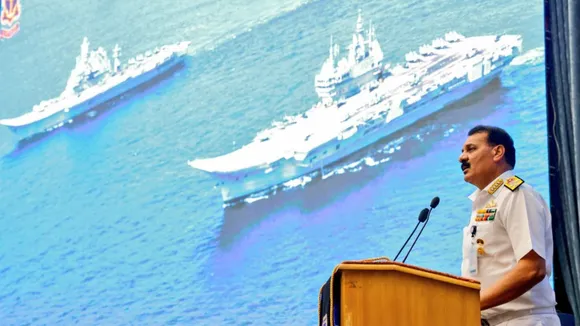 Indian Navy Chief Adm Dinesh K Tripathi addresses officers posted at the naval headquarters
