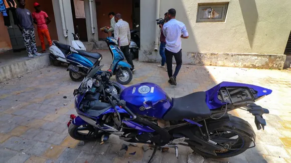 A damaged bike on the Gujarat University hostel campus students hailing from different foreign countries were assaulted allegedly by a group of persons over the issue of offering Namaz, in Ahmedabad