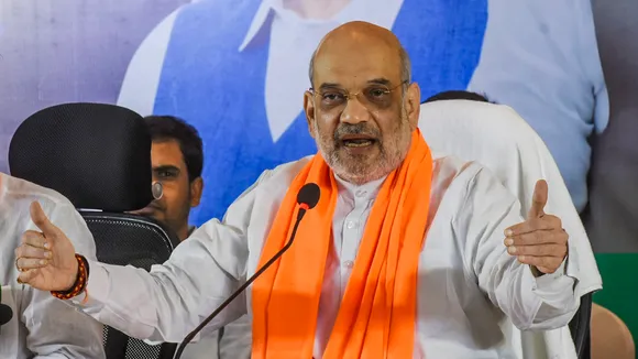 Union Home Minister Amit Shah addresses a press conference, in Hyderabad
