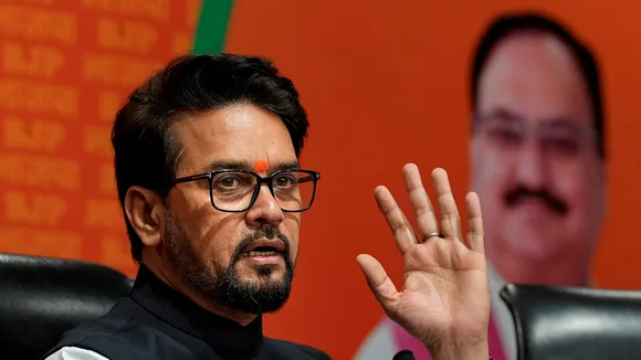 Union Minister Anurag Thakur addresses a press conference at BJP headquarters, in New Delhi