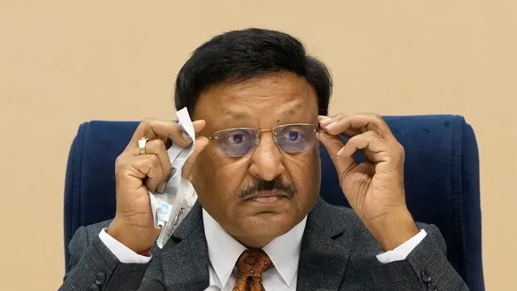 Chief Election Commissioner Rajiv Kumar speaks during a press conference for the announcement of the schedule of elections to the Legislative Assemblies of Jharkhand and Maharashtra, in New Delhi, Tuesday, Oct. 15, 2024.