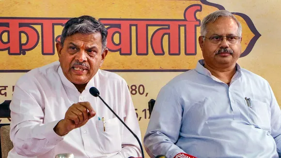Rashtriya Swayamsevak Sangh (RSS) Sarkaryawah (General Secretary) Dattatreya Hosabale with Akhil Bhartiya Prachar Pramukh Sunil Ambekar addresses a press conference