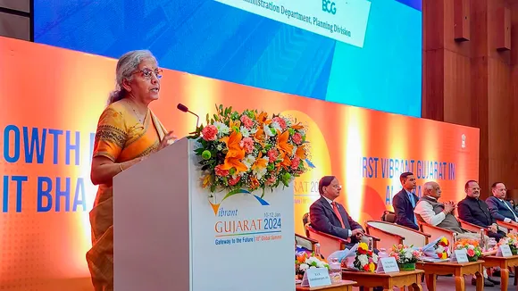 Finance Minister Nirmala Sitharaman speaks at a session during the Vibrant Gujarat Global Summit 2024, in Gandhinagar