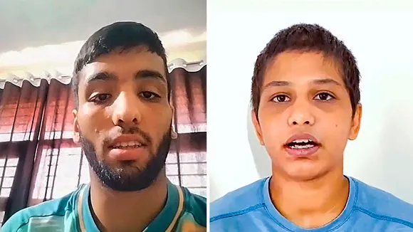Combo photo of wrestlers Sujeet Kalkal (L) and Antim Panghal speaking on wrestlers Bajrang Punia and Vinesh Phogat's exemption from trials for Asian Games 2023