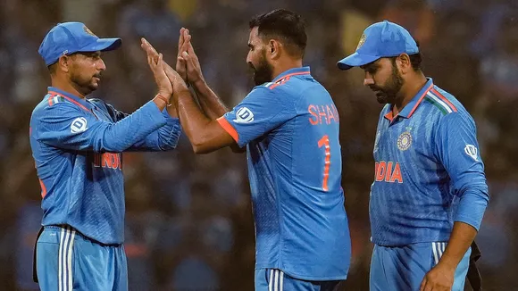  India's Mohammed Shami with teammates celebrates the wicket of England's Adil Rashid during the ICC Men's Cricket World Cup 2023 match between India and England, at Bharat Ratna Shri Atal Bihari Vajpayee Ekana Cricket Stadium, in Lucknow, Sunday Oct. 29, 2023.
