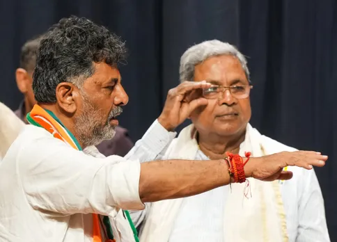 Former Karnataka CM Siddaramaiah and Karnataka Congress President D.K. Shivakumar during celebrations after the party's win in Karnataka Assembly elections