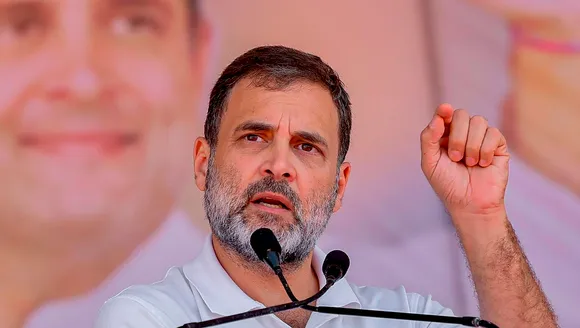 Congress leader Rahul Gandhi addresses a public meeting ahead of Madhya Pradesh assembly elections, in Javad, Neemuch district